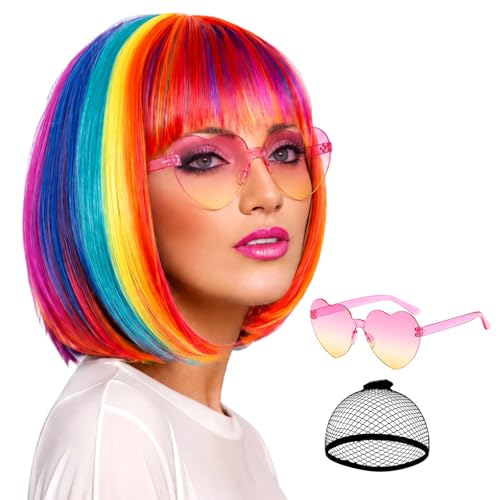 Image of Rainbow Wig, Short Bob Wigs with Heart Sunglasses Hair Cap for Women, Short Wigs for Halloween Costume, Daily Use and Special Events