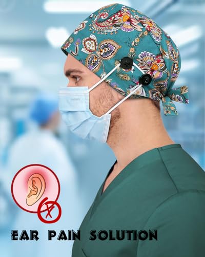 Image of 2 Pcs Satin Lined Scrub Cap Nurse Hats for Women Men 4 Buttons