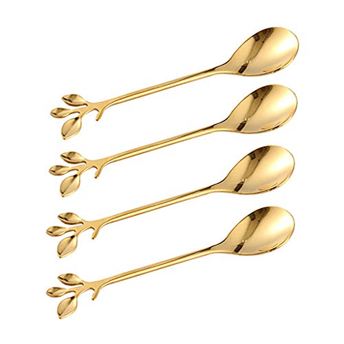 Stainless Steel Gold Leaf Coffee Spoons Set of 4 - Ice Cream Tea Sugar Spoon 4.7" Creative Tableware Dessert Spoon - Stirring Spoons - Tea Spoons Long Handle - Small Golden Spoon (Gold - 4 Spoons)