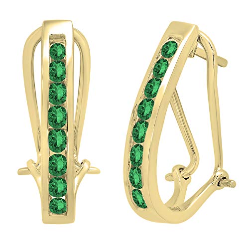Round Lab Created Emerald Ladies Ladies J Shape Hoop Earrings, 18K Yellow Gold #TOP3