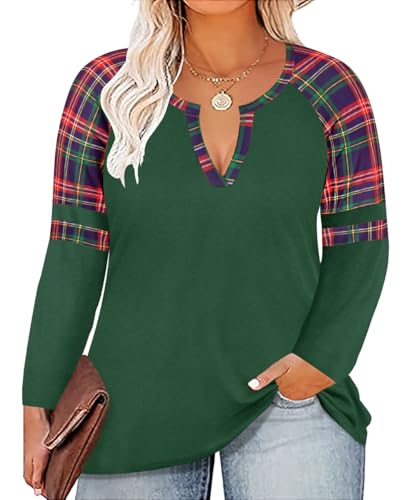 Image of CARCOS Plus Size Tops for Women Long Sleeve Fall Tunic Color Block Camo /Plaid /Leopard /Fall Blouse Crewneck Tshirt XL-5XL