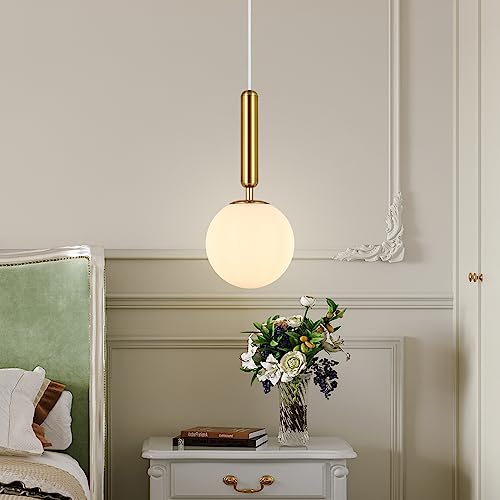 ZPBSJ Modern Golden Pendant Light for Kitchen Island Mid Century Pendant Lights with Globe Milky White Glass Pendant Light for Dining Room Bathroom Entryway Bedroom(1-Pack) - Image 2