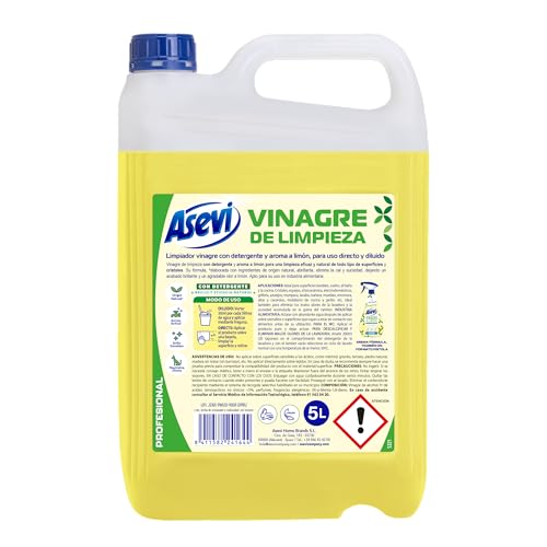 Asevi Vinagre de Limpieza con Detergente 5L – Limpiador Multiusos Profesional con Aroma Limón – Elimina Cal, Grasa y Suciedad – Apto para Cocina, Baño, Suelos y Cristales