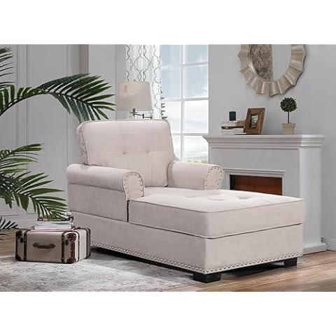 Beaugreen 59" Chaise Lounge,Chaise Sofa Bed with Rivets,Indoor Sleeper Sofa Couch,Modern Upholstered Leisure Recliner for Bedroom Living Room（Beige Cover