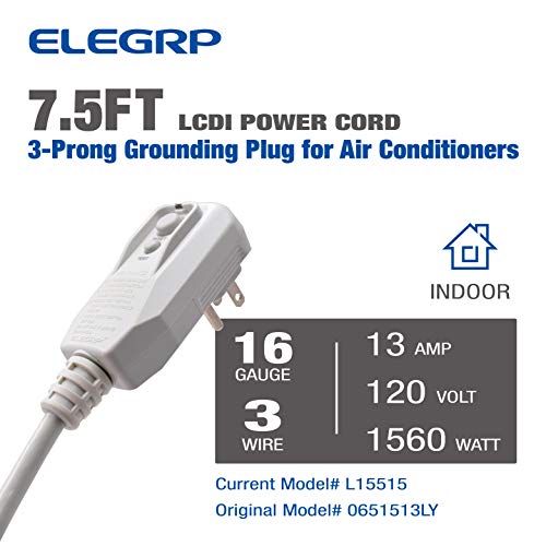 Elegrp 0651513Ly L15515 16Awg Lcdi Power Cord Plug For A/C Air Conditioner, E250451 Ul Certified, 7.5Ft Leakage Current Detection Interrupter Replacement, 120Vac 13Amp 1560W 60Hz Nema 5-15P (1 Pack) #TOP1