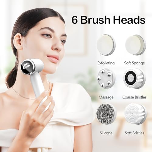 TECKZOON 6-in-1 Elektrische Gesichtsbürste, 3 Modi 6 Bürsten Tiefenreinigender Elektrischer Gesichtsporenreiniger, Wasserdichte Wiederaufladbare Gesichtsreinigungsbürste für Alle Hauttypen (Weiß)