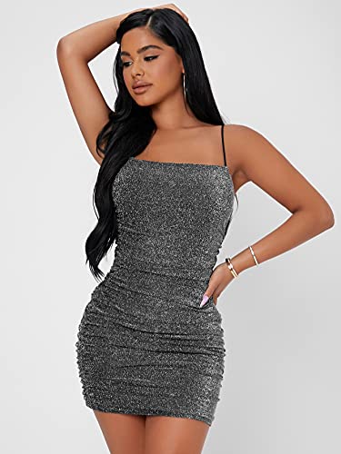 Shein Women's Glitter Ruched Mini Bodycon Dress Sleeveless Strappy Backless Pencil Short Dresses Silver Small #TOP3