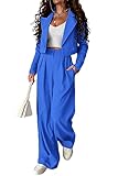 PRETTYGARDEN Women's 2 Piece Casual Outfits Cropped Blazer Jackets High Waisted Wide Leg Work Pants Suit Set (Blue,X-Large)