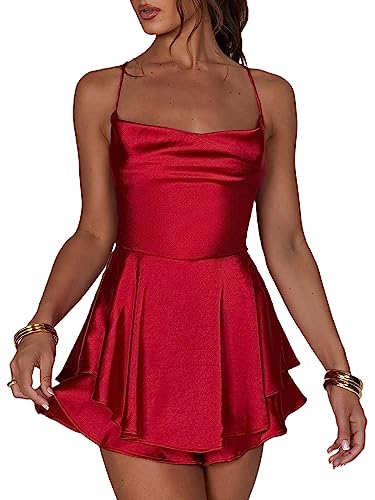 Image of Acrawnni Women Satin Backless Mini Romper Dress Cowl Neck Tie Ruffle Layer Spaghetti Strap Cami Playsuits Jumpsuit Mini Dress with Shorts (A-Red, L)