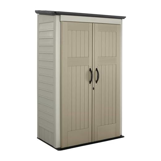 Rubbermaid Outdoor Small Vertical Resin Storage Shed, 5x2 Feet, Brown, Weather Resistant Utility Shed with Lock for Storage for Lawn Accessories/Power Tools/Outdoor Toys/Hose