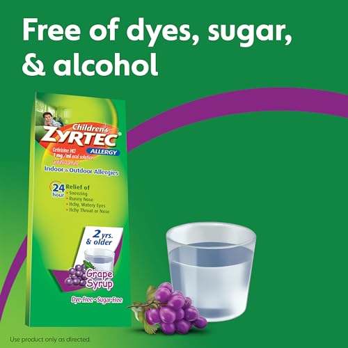 Zyrtec 24 Hour Children\'s Allergy Syrup with Cetirizine HCl, Antihistamine Allergy Medicine for Indoor & Outdoor Allergy Relief for Kids, Dye-Free & Sugar-Free, Grape Flavor, 8 fl. oz