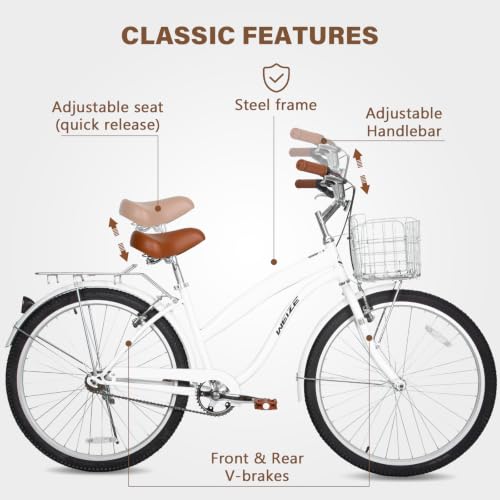 Image of WEIZE Beach Cruiser Bike, 24 26 inch Commuter Bicycle for Adult Men and Women, Front & Rear Fenders, Comfortable City Bikes with Rear Rack&Basket, Ergonomic Upright Design