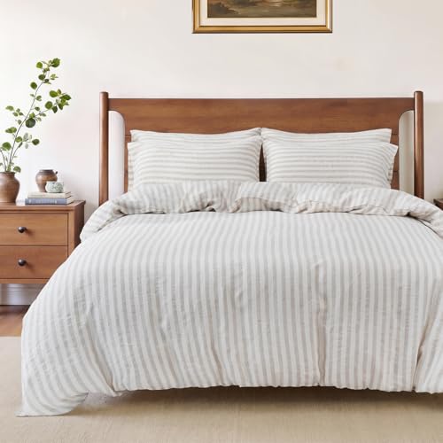 S VICTORY SYMBOL 100% Organic Linen Duvet Cover Set,Yarn Dyed Classic Beige Stripe French Natural Flax Bedding Set Queen Size,3pcs Farmhouse Comforter Cover Set