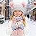 Kids Knit Beanie Long Scarf Gloves Set Cute Pompom 3 Pack Cuffed Caps Touchscreen Gloves Winter Thermal Warm Beanie Light Pink,One Size