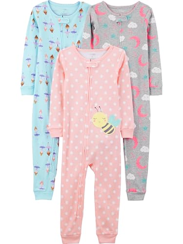 Simple Joys by Carter's Toddler Girls 3-pack Snug-fit Footless Cotton Pajamas, Ballerina/Moon/Bee, 5T