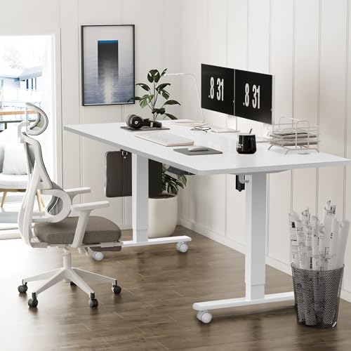 Devoko Höhenverstellbar Schreibtisch 120x80cm mit USB A&C-Ladeanschluss, Mobiler Computertisch mit Kabel Management Tray und 3-Funktions-Memory, Weiß mit Rollen – Bild 2