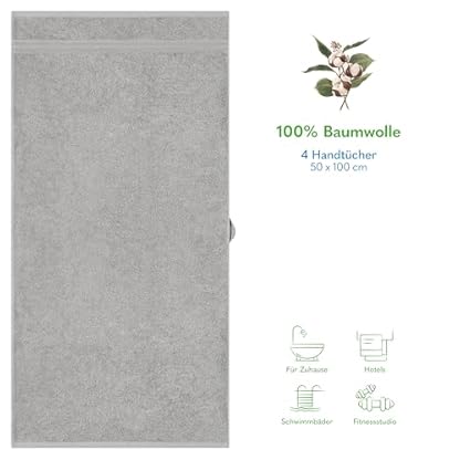 Hammetex 4er Handtücher Set, 100% Baumwolle Premium Qualität Groß 50x100cm Handtuch, Weich Saugstark Schnell Trocknendes Händehandtuch, Hellgrau – Bild 5