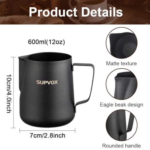 Image of Supvox Barista Latte Art Kit with 600ml Steel Milk Frothing Pitcher, Coffee Frother Mug, Art Pen, Powder Shaker & 16 Pattern Stencils Premium Coffee Accessories Set