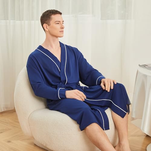 Mens Lightweight Robe, Knit Kimono Bathrobe Spa Sleepwear Soft Knee Length Robe With Pockets 6