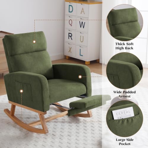 Image of HCHAIRH Rocking Chair Nursery, Nursing Rocking Chairs with Foot Rest for Mom Nursery, Glider Rocker Chair with Footrest and High Backrest for Living Room, Bedroom, Dark Green