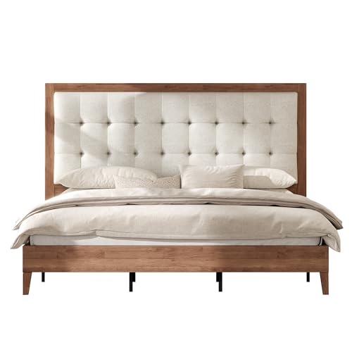 AMERLIFE Queen Bed Frame with Headboard, Solid Wooden Bed Frame Queen Size Platform Bed Mid-Century Style, No Box Spring Required, Walnut