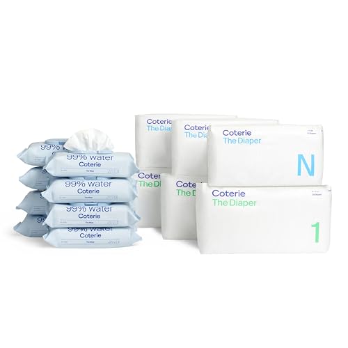 Image of Coterie Baby Wipes + Diapers Kit, Size 1 (99 Count) & Size Newborn Diapers (93 Count), 8 Pack (448) Baby Wipes with 99% Water, Plant Based Materials, Hypoallergenic for Sensitive Skin