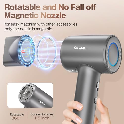 Image of Labiim Hair Dryer, High-Speed Ionic Blow Dryer 110,000 RPM Brushless Motor for Fast Drying, 200M Ions Frizz & Thermo-Control HairDryer with Magnetic Nozzle, Quiet Compact for Home Travel, Gray