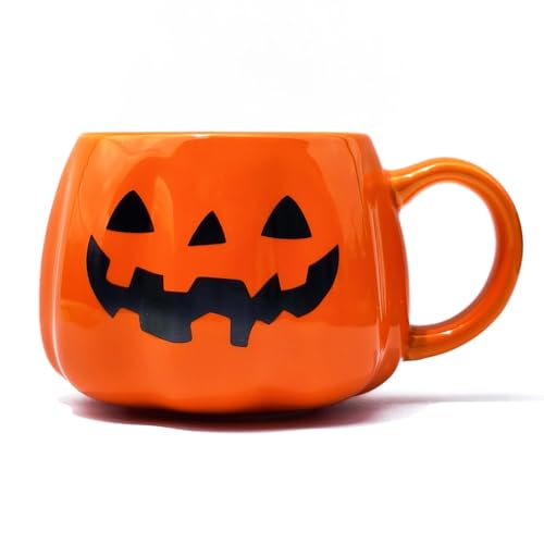 Lanshue 12 oz Halloween Pumpkin Mug – Orange Ceramic Jack-O’-Lantern Coffee Cup with Spooky Face, Fall Themed Drinkware for Hot Chocolate, Tea, and Seasonal Decor