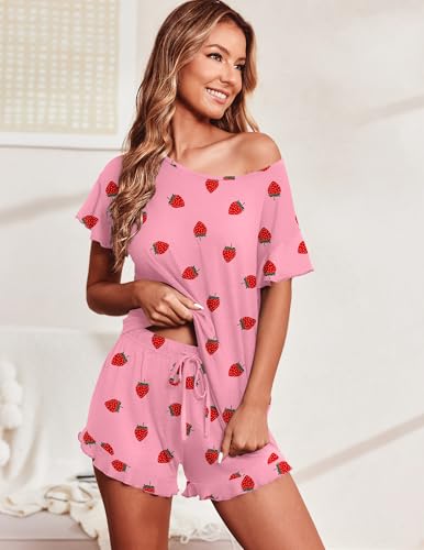 Image of Ekouaer Women's Pajama Set Ruffle Sleeves Top and Short | 2 Piece Ruffle Hem Sleeves Top and Shorts Pjs Set, Soft Short Sleepwear Set, Elastic Waistband Design