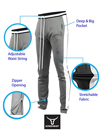 Screenshot-S41700 Mens Hip Hop Premium Slim Fit Comfort Track Pants - Athletic Fitness Fashion Urban Lifestyle Streetwear Bottoms-Grey/White-Xlarge #TOP2