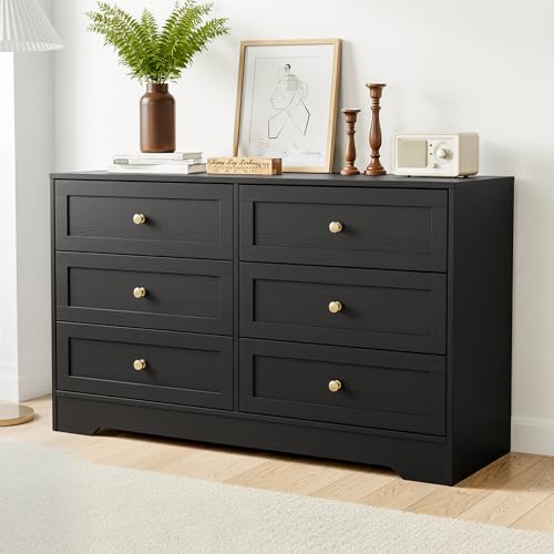Artiss 6 Drawer Chest of Drawers Black, 120cm Wide Modern Dresser Lowboy, Bedroom Storage Cabinet Unit with Metal Handles & Smooth Runners, Sturdy Wood Clothes Organiser, 120x40x71cm, Black