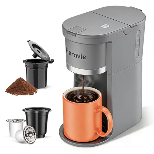 Horavie Small Single Serve Coffee Maker, 2 in 1 Fast Brew One Cup Coffee Machine, 6 to 12 oz. Brew Sizes, Capsule Coffee Machine with Descaling Reminder, Fits 5.5" Mug, Grey