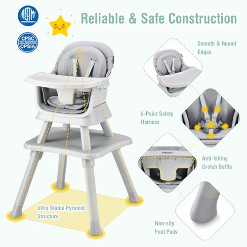 Image of GLACER 8 in 1 Convertible Baby High Chair - Adjustable High Chairs for Babies and Toddlers with Removable Tray, Dual Cushions, Activity Table and Chair Set, Booster Seat, Stool (Gray)
