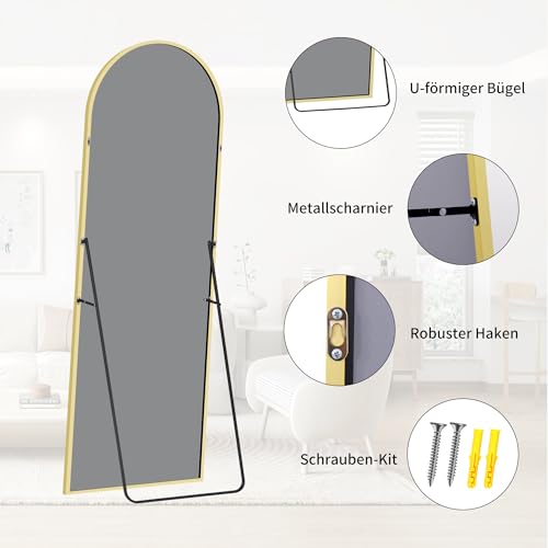 BONEWEI Ganzkörperspiegel 161x52cm, Bogen Standspiegel Ganzkörperspiegel mit Gold Aluminiumrahmen, Groß Gewölbter Wandspiegel zum Stehen, Anlehnen oder Hängen für Wohnzimmer Schlafzimmer Flur, Schmink