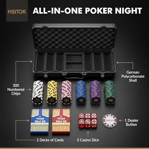 Image of HEITOK Poker Case 300 Chips 14g Clay Composite Numbered Texas Holdem Set | 2-8 players, easy-to-read values, blackjack, cards, dice, dealer and small /big blind buttons, polycarbonate shell