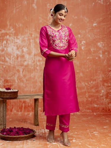 Image of VredeVogel Women's Silk Blend Embroidered Kurta Pant Set with Jacquard Dupatta | Modern & Traditional Blend Ethnic Wear Set
