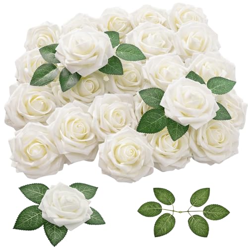 DNTHYRIN 25PCS White Roses Artificial Flowers Foam Roses for Wedding Bouquets and Home Decor Ivory White Faux Flowers with Stems for Event Planning and DIY Arrangements