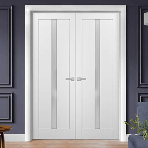 French Double Panel Lite Doors 48 X 84 With Hardware | Quadro 4112 White Silk With Frosted Opaque Glass | Panel Frame Trims | Bathroom Bedroom Interior Sturdy Door #TOP1