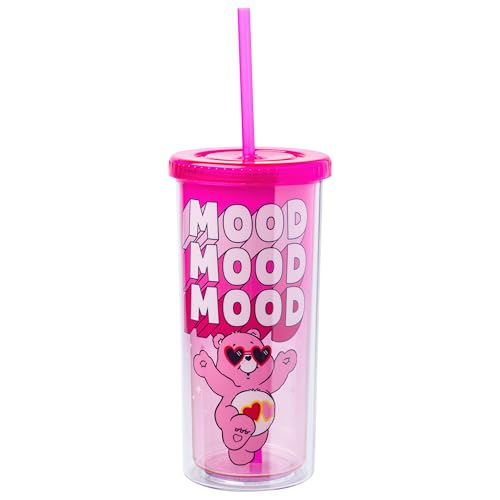 Silver Buffalo Care Bears Love-A-Lot-Bear Mood Plastic Tall Cold Cup with Lid and Straw, 20 Ounces