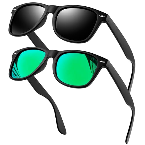 Image of KANASTAL 2 Pack Green Mens Sunglasses Womens Mirrored Polarised Cheap Classic UV 400 Protection for Driving Cycling Fishing Travel Outdoor Summer - Matte Black + Green Mirror