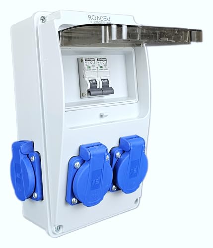 RoadEu - Stromverteiler 230V - 4x Schuko Steckdose mit Schalter - Steckdosenverteiler mit 2x Leistungsschalter C 16A - Verdrahtet, Baustromverteiler Indoor/Outdoor-Bereich IP54