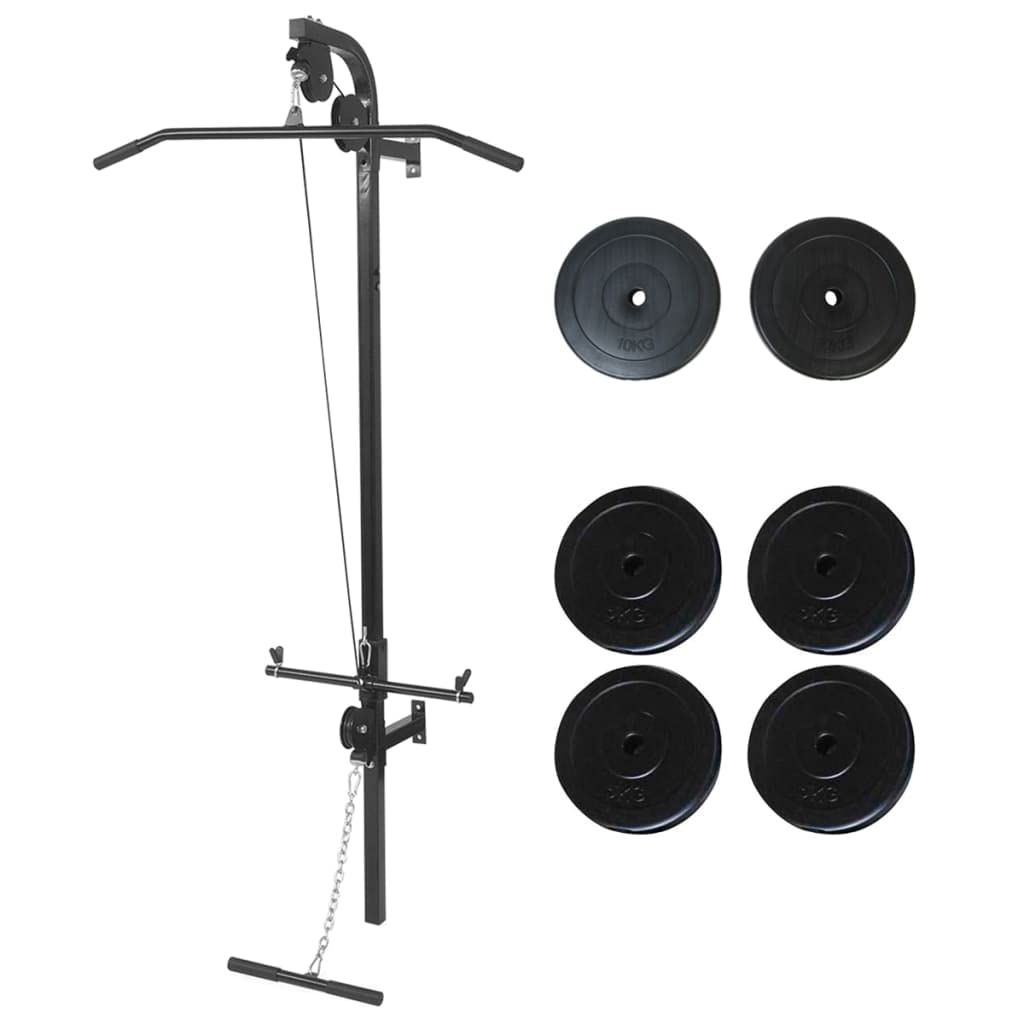 Estación de fitness de montaje en pared con discos de peso de 40 kg, estación de fuerza de acero, torre de tracción con cable y barra de poleas, equipo de fitness para el desarrollo muscular