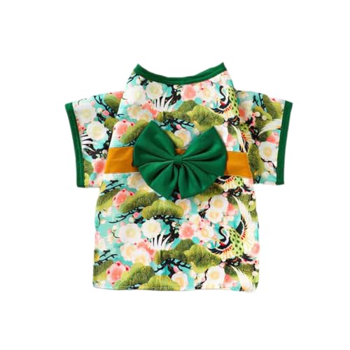 犬服 晴れ着 ペット服 ゆかた かわいい 和風 着物 通気性 蝶結び お宮参り 結婚式 花柄 ドッグウェア お祝い 花火大会 旅行 お出かけ (グリーン, S)
