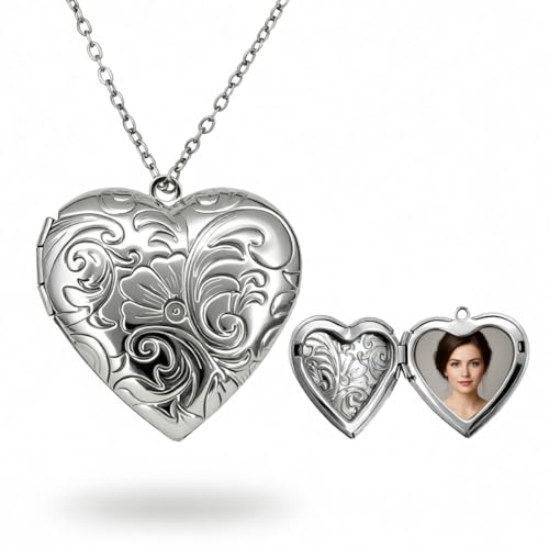 DEIMODRA Collana Portafoto Ciondolo a Cuore che si Apre con Foto Dentro Elegante Motivo Floreale – Idea Regalo Personalizzabile per Donna Lei, Mamma, Fidanzata – Argento