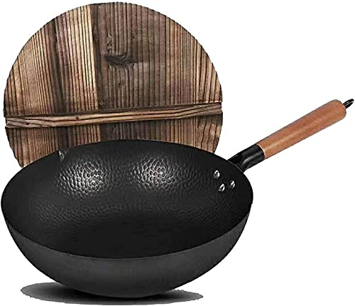 Wok de hierro puro hecho a mano 32 cm con mango de madera