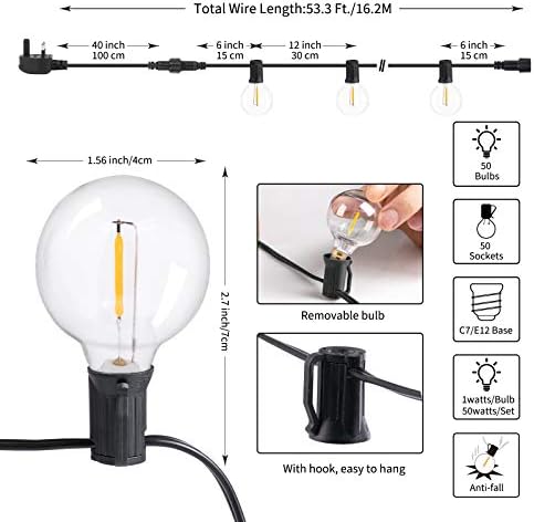 LED G40 Outdoor String Lights - Patio Lights with 50 LED Shatterproof Bulbs,16.2 M/ 53 Feet Weatherproof Commercial Hanging Lights Backyard Decor, E12 Socket, 2200K, Black
