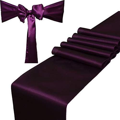 Parfair Dessin Satin Table Runners 12 x 108 inch for Wedding Banquet Decoration, Bright Silk and Smooth Fabric Party Table Runners (Combo 2 Table Runner + 10 Chair Saches, Plum)