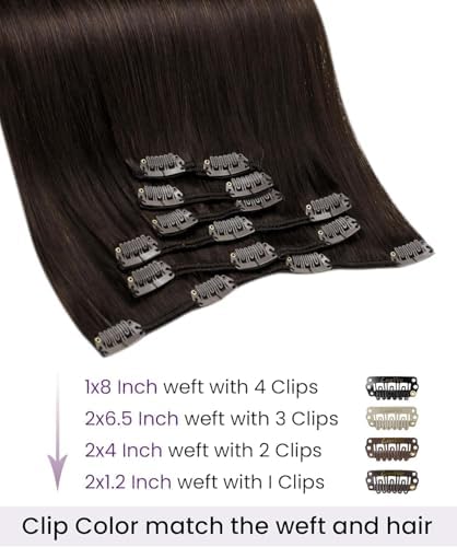 LaaVoo Clip in Hair Extensions Real Human Hair Dark Brown Human Hair Clip in Extensions Brown Hair Extension Clip ins Straight 24Inch 140g 7Pcs