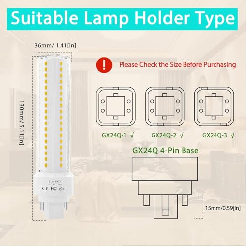 Lustaled Gx24q/G24q 4-Pin Base Light Bulbs, 12W Gx24 LED PL Recessed Lights, Daylight 6000K 26W CFL Replacement for Ceiling Light Downlight Wall Sconce, 4-Pack (Remove/Bypass The Ballast) - Thumbnail 2