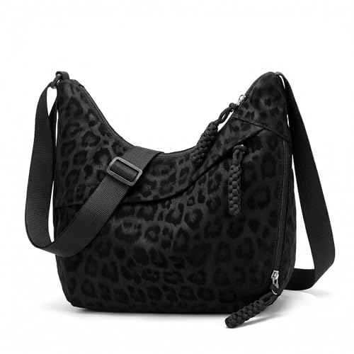 SINJAETRQ Black Crescent Bag for Women, Women's Crossbody Bag Multi Pockets Leopard Print Half Moon Hobo Sling Halfmoon Shoulder Bags with Adjustable Strap, 34x26.5cm